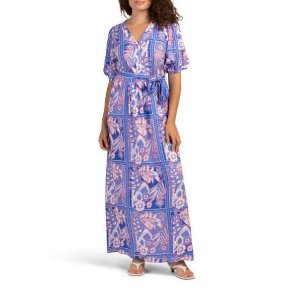 Celina Moon Short Sleeve Floral Stamp Print Maxi Dress Belted Boho Style Size XL - Picture 1 of 2